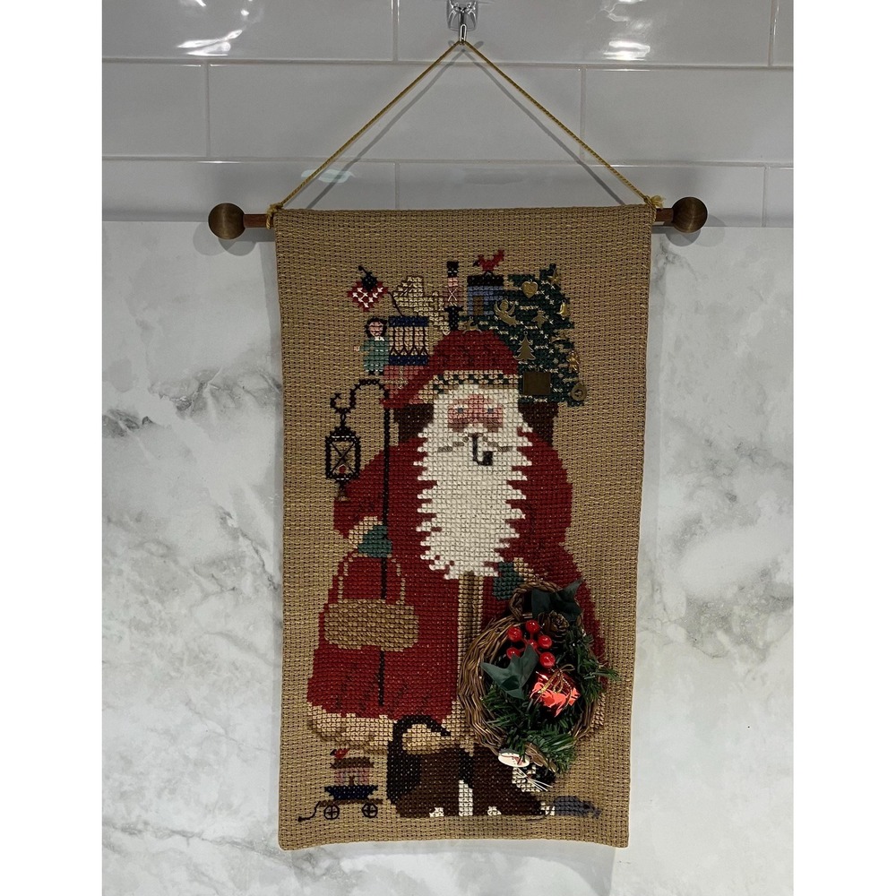 Handmade Cross-Stitch Santa Claus Wall Hanging Completed Vintage 1990s Folk Art